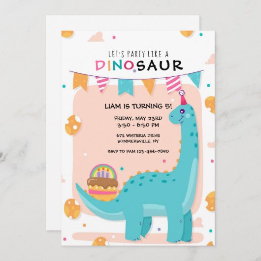 Dino Party Birthday Einladung (Vorne/Hinten)