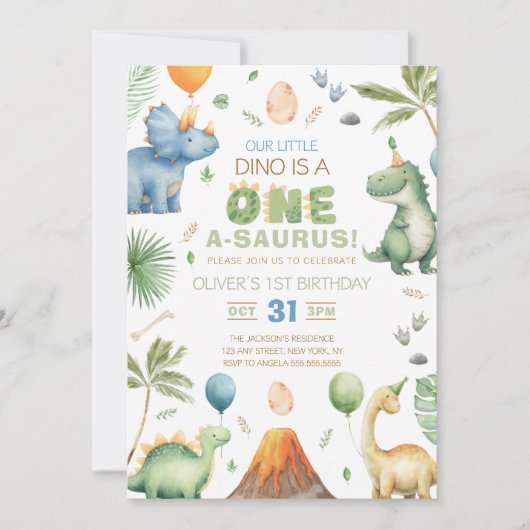 Dino Party | Cute Dinosaurs First Birthday Invitat Einladung (Vorderseite)