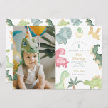 Dino Party Dino mite Foto Geburtstag Einladung<br><div class="desc">Dieses Foto-Geburtstagsfest mit einem pastellfarbenen Aquarelldinosaurier ist die süßeste Einladung zum ersten Geburtstag überhaupt. Sie können Ihre Einladungen anpassen,  indem Sie aus so vielen verschiedenen Papiertypen,  Formen und Texten Ihrer Wahl wählen,  um sie einzigartig und besonders zu machen.</div>