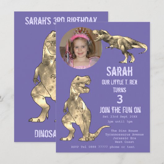 Dino Party Dinosaur T Rex Girl 3. Geburtstag Lila (Vorne/Hinten)