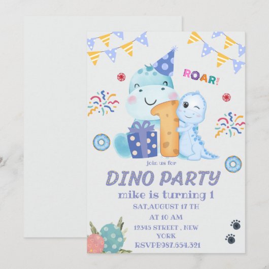 Dino Party erster Geburtstag niedlichen Dinosaurie Einladung (Vorne/Hinten)