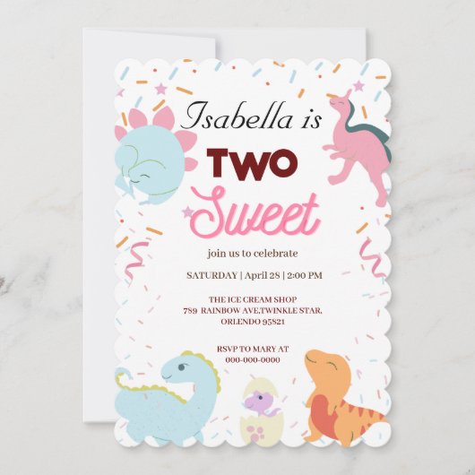 Dino Party Niedlich Dinosaurier Zwei Sweet Birthda Einladung (Vorderseite)