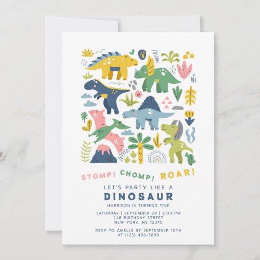 Dino Party Niedlich Moderne Dinosaurier Fünfter Ge Einladung (Vorderseite)