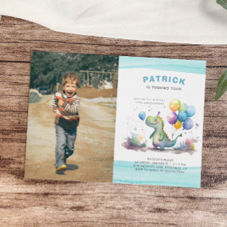 Dino Party Niedlich Watercolor Boy Blue Geburtstag Einladung