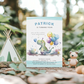 Dino Party Niedlich Watercolor Boy Blue Geburtstag Einladung