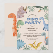 Dino Party | Niedliche Dinosaurier Erster Geburtst Einladung (Vorne/Hinten)