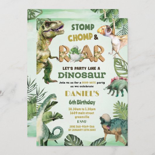 Dino Party | Niedliche Dinosaurier Thema Geburtsta Einladung (Vorne/Hinten)