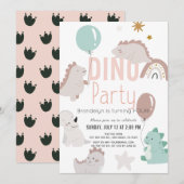 Dino Party Pink Dinosaur Girl Geburtstag Einladung (Vorne/Hinten)