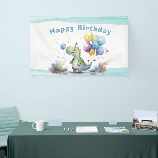 Dino Party Watercolor Boy Blue Birthday Banner (Messeveranstaltung)