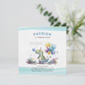 Dino Party Watercolor Boy Blue Birthday Einladung (Stehend Vorderseite)