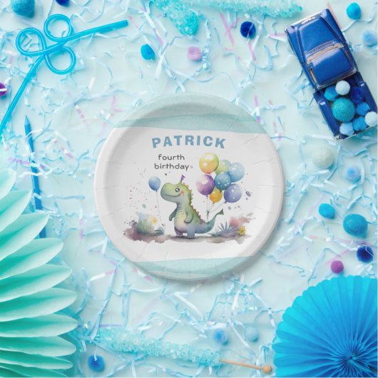 Dino Party Watercolor Boy Blue Birthday Pappteller (Party)