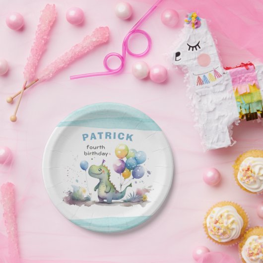Dino Party Watercolor Boy Blue Birthday Pappteller (Party)