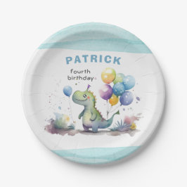 Dino Party Watercolor Boy Blue Birthday Pappteller