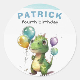Dino Party Watercolor Boy Blue Birthday Runder Aufkleber