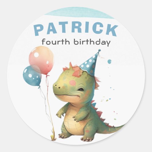 Dino Party Watercolor Boy Blue Birthday Runder Aufkleber (Vorderseite)