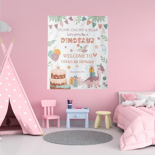 Dino Roar Pastel Geburtstag Willkommen Wandteppich