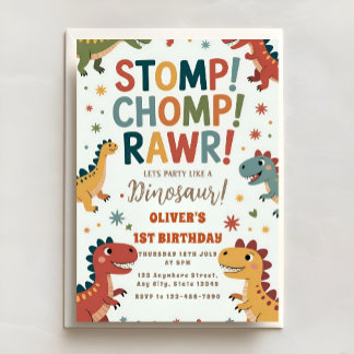 Dino Stomp Chomp ROAR Erste Geburtstagsfeier Einladung