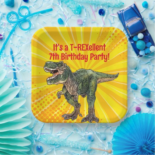 Dino T-Rex Dinosaur Funny Birthday Boy Yellow Pappteller (Party)