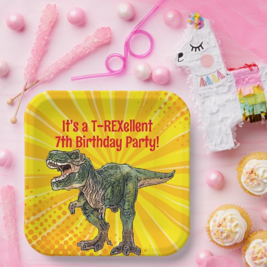 Dino T-Rex Dinosaur Funny Birthday Boy Yellow Pappteller (Party)