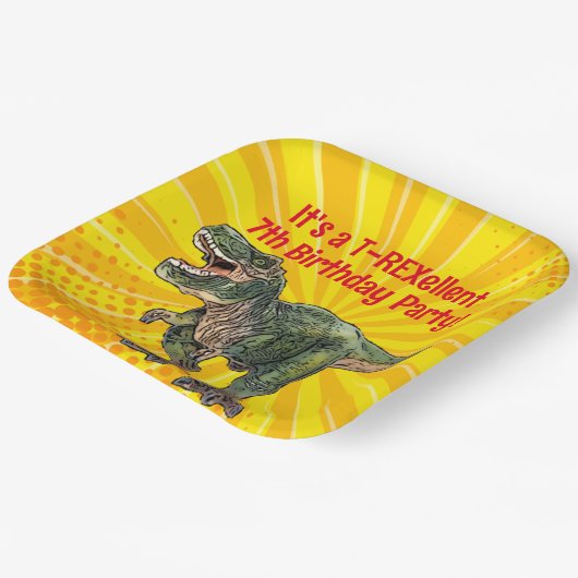 Dino T-Rex Dinosaur Funny Birthday Boy Yellow Pappteller (Gewinkelt)