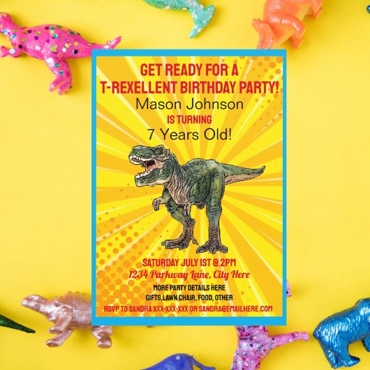 Dino T-Rex Dinosaur Funny Birthday Farbiger Spaß Einladung