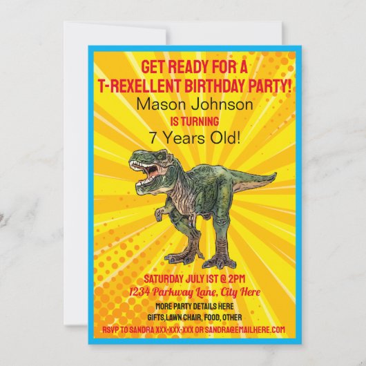 Dino T-Rex Dinosaur Funny Birthday Farbiger Spaß Einladung (Vorderseite)