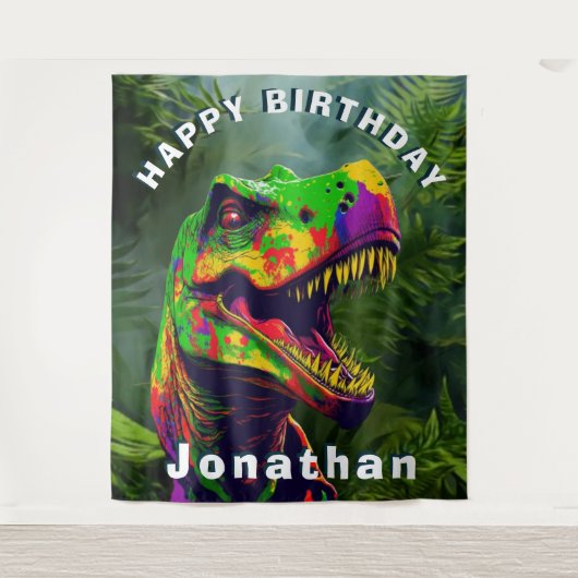Dino T Rex Jungle Happy Birthday Hintergrund Wandteppich (Vorderseite)