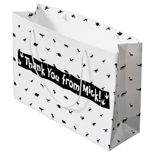 Dino-Themed Gefälligkeitsags: Schwarz mit weißem D Große Geschenktüte (Rückseite Schrägansicht)