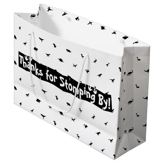 Dino-Themed Gefälligkeitsags: Schwarz mit weißem D Große Geschenktüte (Vorderseite Schrägansicht)
