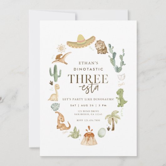 Dino Three-esta 3. Geburtstag Einladung (Vorderseite)
