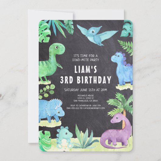 Dino Three Trex Boy 3. Dinosaur Geburtstag Einladung (Vorderseite)