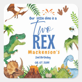 Dino Two rex 2nd boy Dinosaur birthday party Quadratischer Aufkleber