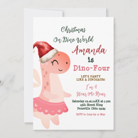 Dino-Vier Weihnachten auf Dino World Girl Geburtst Einladung (Vorderseite)