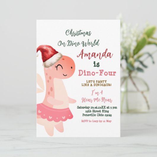 Dino-Vier Weihnachten auf Dino World Girl Geburtst Einladung (Stehend Vorderseite)