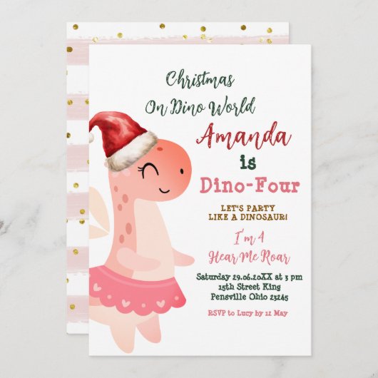 Dino-Vier Weihnachten auf Dino World Girl Geburtst Einladung (Vorne/Hinten)