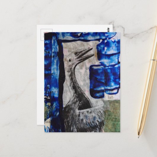 Dino-Vogel-Mixed-Media-Collage Postkarte (Vorderseite/Rückseite Beispiel)
