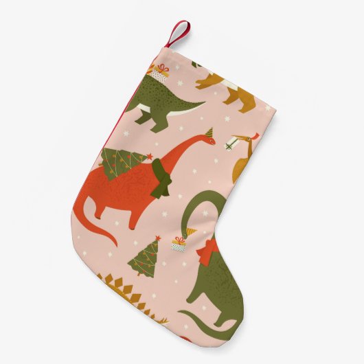 Dino Weihnachts Party Tree Rex. Dinosaurier in San Kleiner Weihnachtsstrumpf (Vorderansicht (hängend))