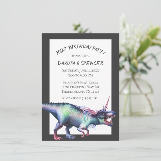 Dinocorn Joint Birthday Party | Unicorn Dinosaur Einladung (Stehend Vorderseite)