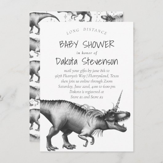 Dinocorn Silver | Niedliche Babydusche mit langer Einladung (Vorne/Hinten)