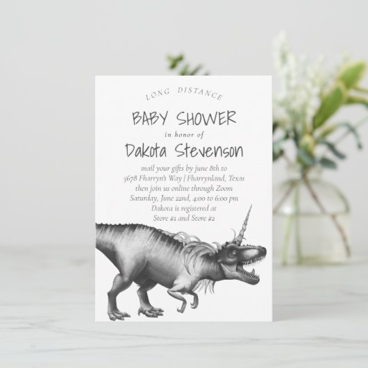 Dinocorn Silver | Niedliche Babydusche mit langer Einladung (Stehend Vorderseite)
