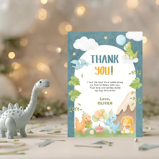 Dinosaur 1. Geburtstag Blau Dankeskarte