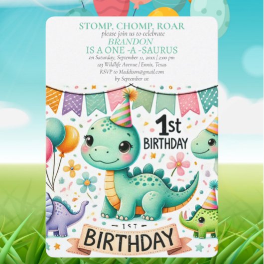 Dinosaur 1. Geburtstag Boy Stomp Chomp Roar Einladung