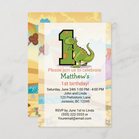 Dinosaur 1. Geburtstag Custom Einladung (Vorne/Hinten)