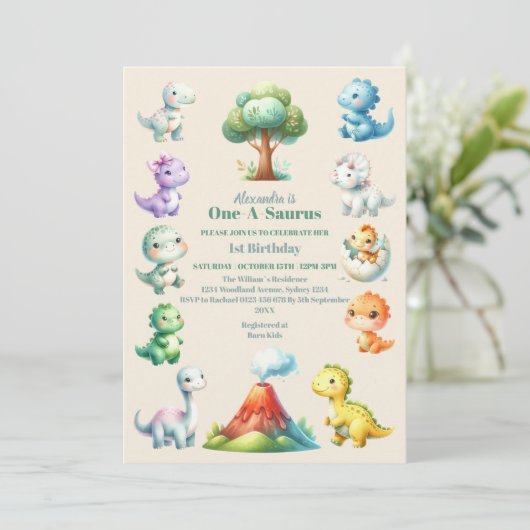 Dinosaur 1. Geburtstag Einladung (Stehend Vorderseite)