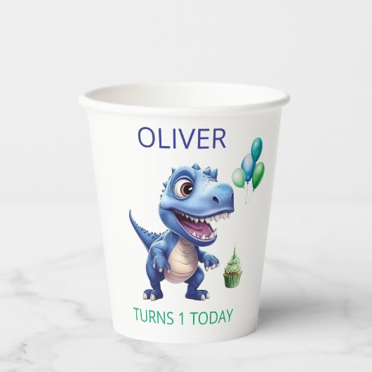 Dinosaur 1. Geburtstag Papiertassen Junge Persona Pappbecher (Vorderseite)