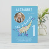 Dinosaur 1. Geburtstag Party Blau Einladung (Stehend Vorderseite)