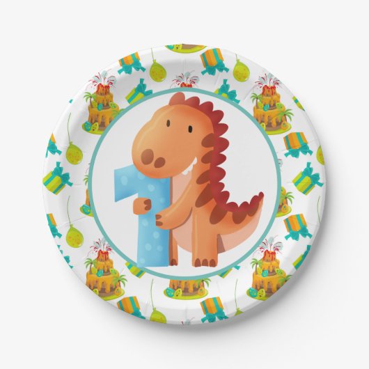 Dinosaur 1. Geburtstags-Party Pappteller (Vorderseite)