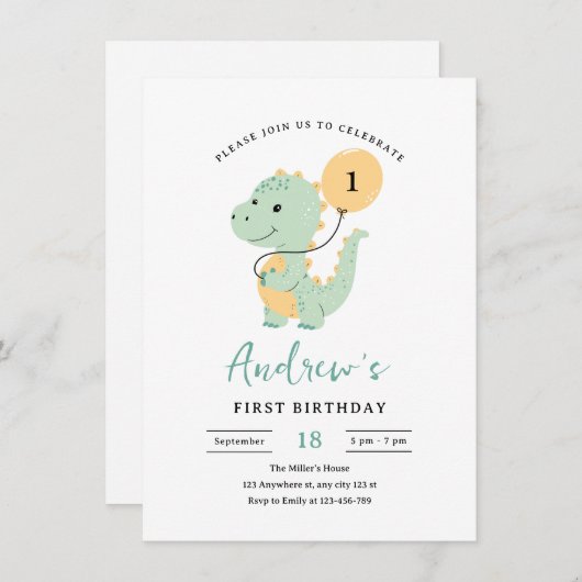 Dinosaur 1st Birthday Invitation, Minimalist T rex Einladung (Vorne/Hinten)
