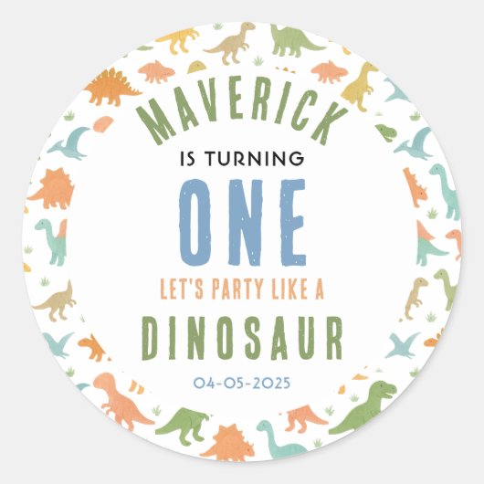 Dinosaur 1st Birthday Party | Cute Prehistoric  Runder Aufkleber (Vorderseite)