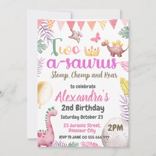 Dinosaur 2. Geburtstag Zwei-A-Saurus-Girl-Party Einladung (Vorderseite)